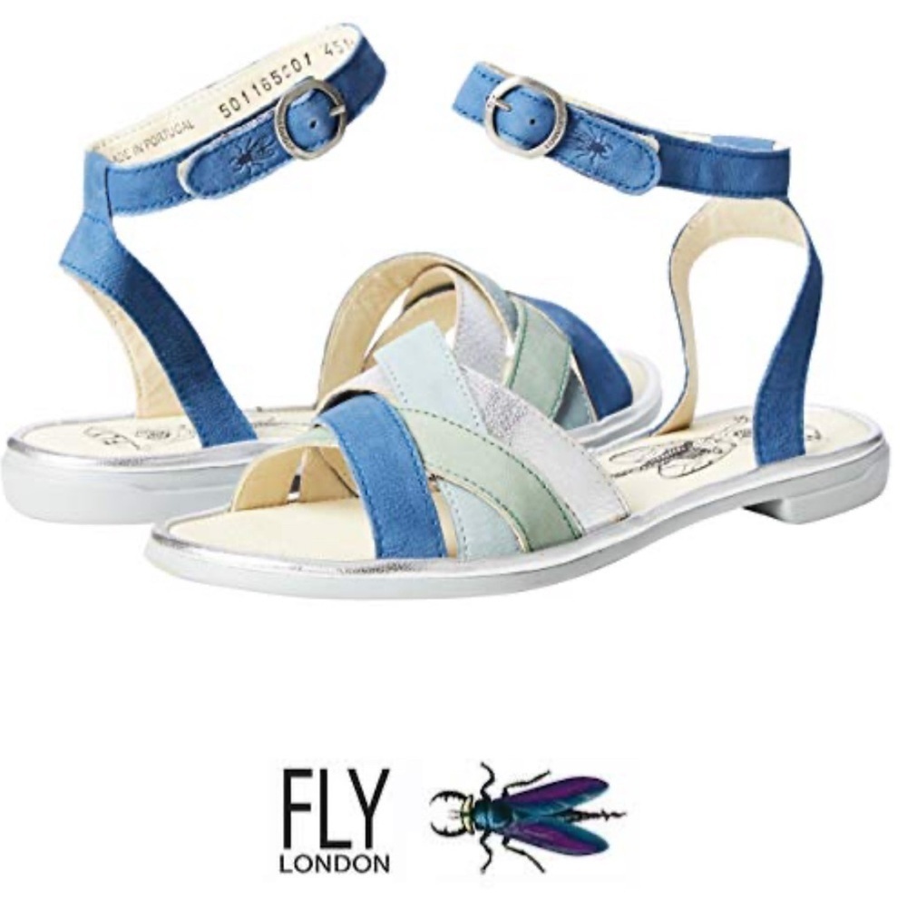 FLY LONDON Sz 40 Cune 65Fly Leather Multi Ankle Strap Sandals Blue Jade Silver